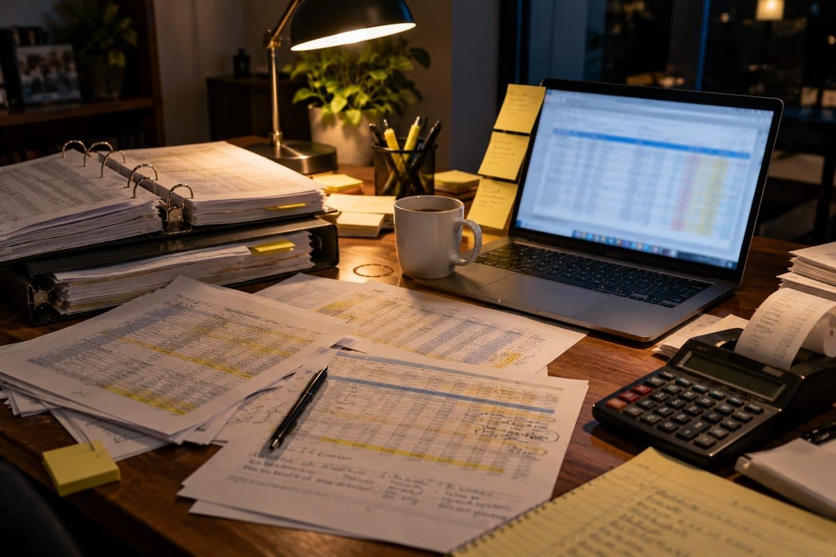 A desk late at night covered in printed spreadsheets, binders, sticky notes and a laptop