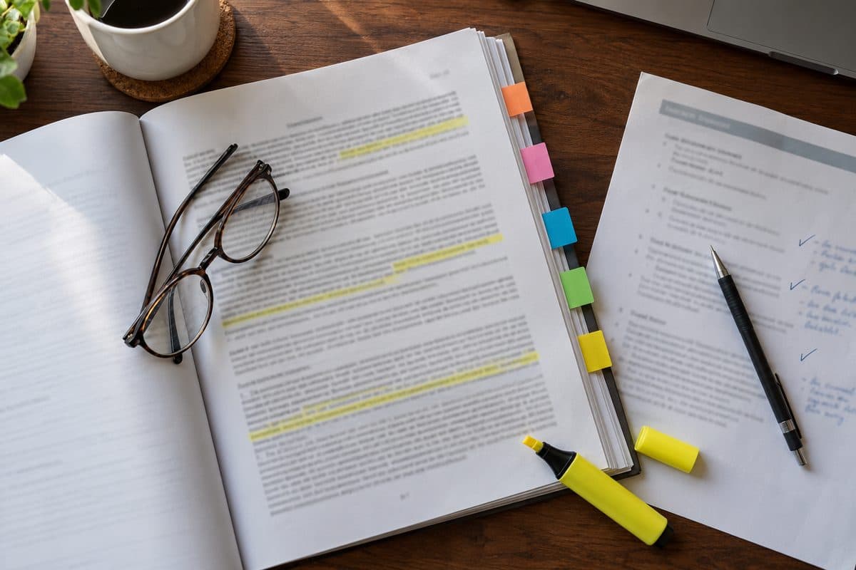A printed commercial lease with colored sticky tabs, a highlighter and reading glasses on a desk