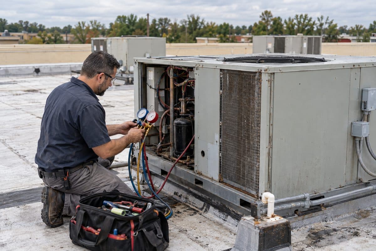 An HVAC technician checks pressure gauges on an open rooftop unit