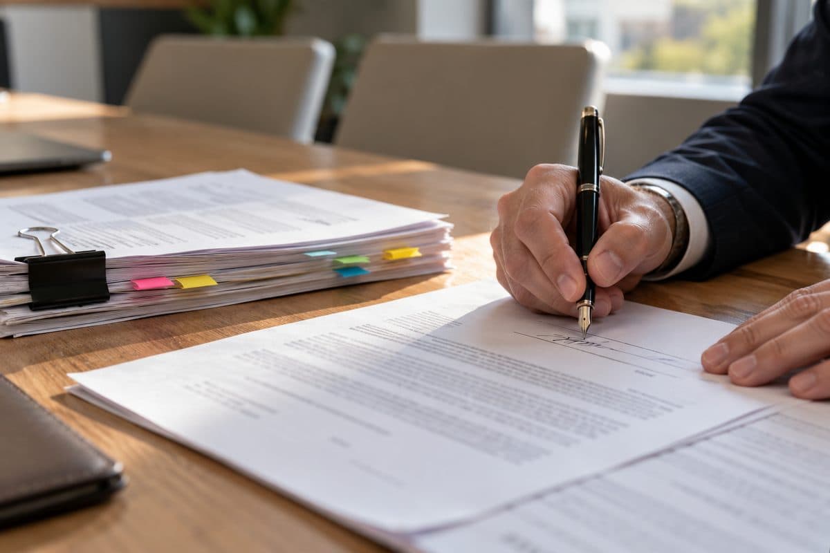 A hand signing a lease amendment beside a clipped stack of earlier amendments