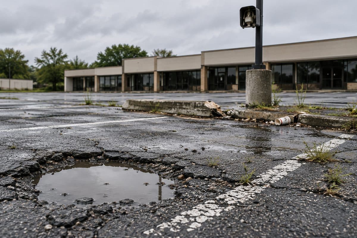 A strip-mall parking lot with a water-filled pothole, cracked asphalt and faded striping