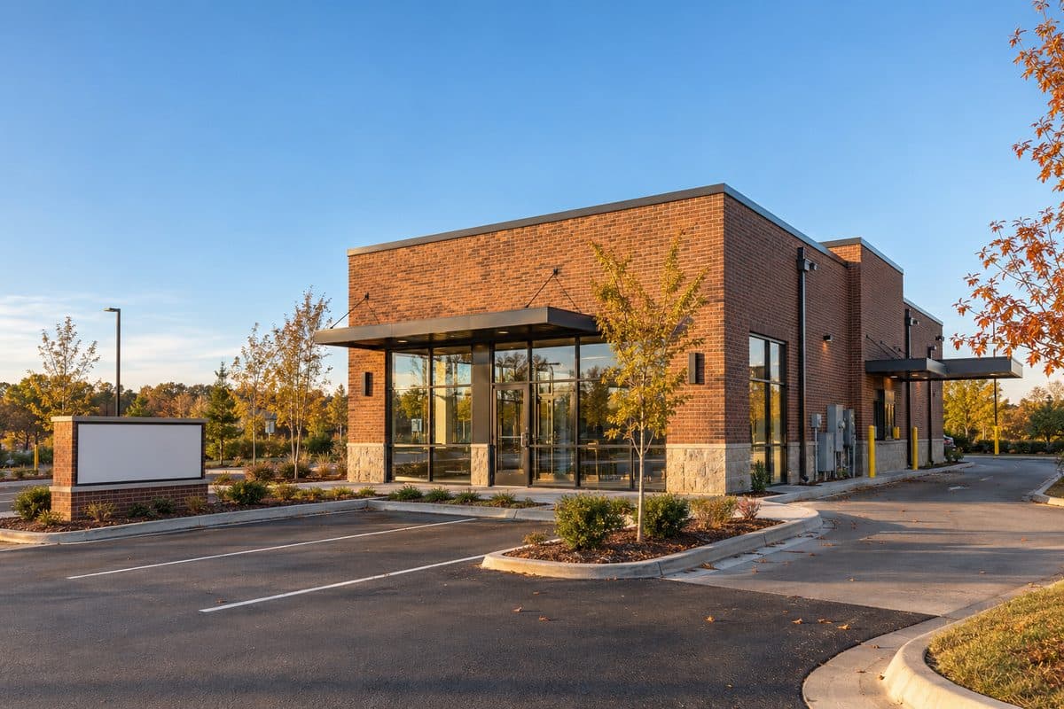 A freestanding single-tenant brick building with a drive-through lane on its own pad site